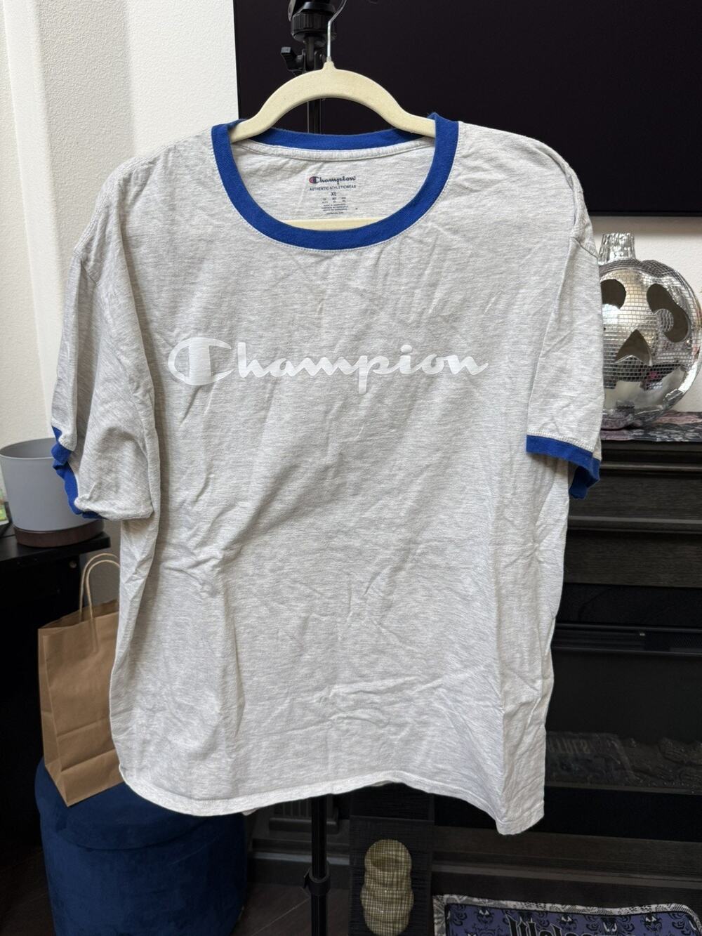 Champion Ringer Tee Gray Blue Retro Athleisure Graphic Logo T-Shirt Men XL